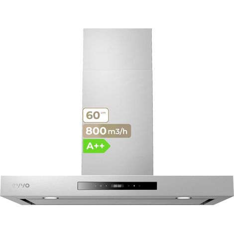EVVO Campana Extractora 60 cm Ancho Decorativa, Acabado Inox, Potencia 800 m³/h, Filtros de Aluminio y Carbón Activo, Control Táctil y Gestual, Eficiencia Energética A++, CE32 Inox