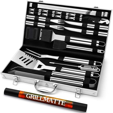 26-teiliges Edelstahl Grillbesteck Set mit Thermometer und Koffer (1/5)
