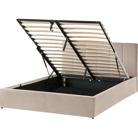 Cama con somier de terciopelo gris pardo 140 x 200 cm cabecero abatible espacio de almacenaje Dreux