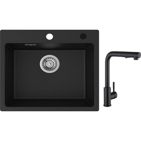 Cecipa Evier 1 Bac Quartz Noir 50x45cm Evier de Cuisine en Quartz Evier de Cuisine en Granit + Noir Mitigeur de Cuisine avec Douchette Extractible 2 Modes de pulvérisat (1/5)
