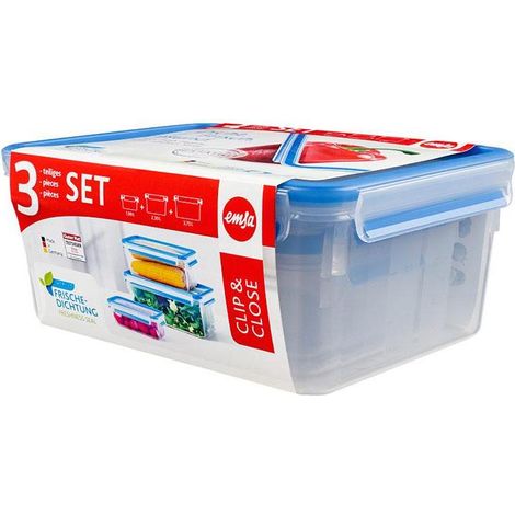 Emsa Clip &amp Close Set de 3 conservateurs rectangulaires hermétiques en plastique, hygiénique, ne retient pas les odeurs ni les saveurs 100% sans BPA, transparent et bleu, 1 L/2,3 L/3,7 L (1/10)