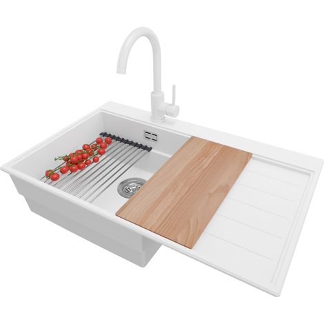 PRIMAGRAN Evier Cuisine en Granit 78x50cm,Lavabo 1 bac + Robinet 32x20cm + Kit de Vidage + Accessoires, Évier à Encastrer au meuble 50cm - Sydney, Blanc (1/5)