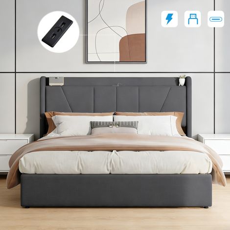 Lit Coffre 160x200 CM, Lit Double avec Ports USB Tpye C, Cadre de lit avec Tête de Lit capitonné et Rangement hydraulique, Lattes en Bois, Lin Gris Foncé(sans Matelas) (1/5)