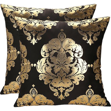 JSSEVN - Set of 2 gold cushion covers - Gold floral pattern on both sides - For bed, living room, sofa, car - Gold floral pattern (1/4)