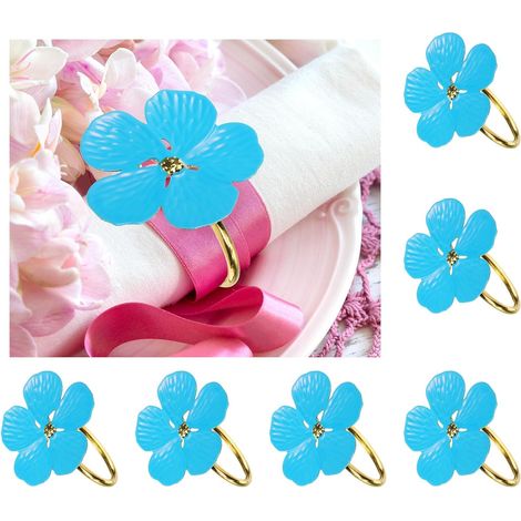Serviettenringe mit Blumenmuster, Weihnachtsserviettenringe, Hochzeitsserviettenringe, blau, 6er-Pack