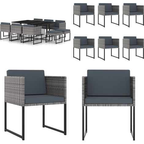 Set Pranzo da Giardino 11 pz con Cuscini in Polyrattan Grigio - Tavolo da pranzo da giardino - Sedie da giardino