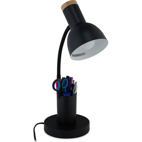 Relaxdays Schreibtischlampe, Stifthalter, Metalltischleuchte, HBT: 46,5x14,5x17 cm, E27, Bürolampe mit Kabel, schwarz (1/5)