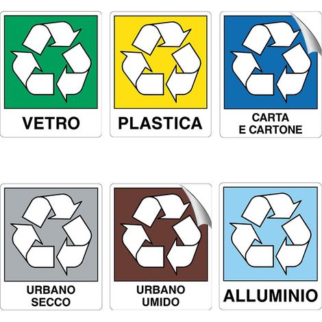 KIT 6 Cartelli per raccolta differenziata 25x31cm in PVC - Etichette adesive con testo vetro, plastica, carta, secco, umido e alluminio (1/4)