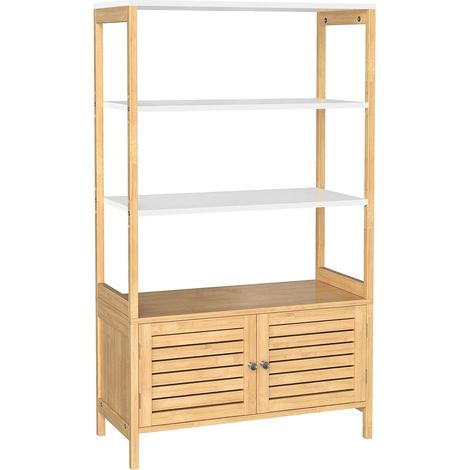 Songmics – Meuble de rangement salle de bain en bambou – Armoire haute avec 3 étagères réglables et 1 placard à 2 portes – 70 x 30 x 120 cm – BCB010N01