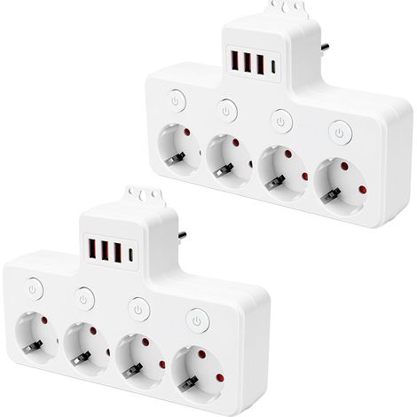 Set di 2 multiprese a quattro prese con USB-C e tre USB-A, interruttore semplice con spia luminosa, protezione per bambini e protezione da sovratensione, ideali per ufficio, casa, cucina e viaggi. (1/5)