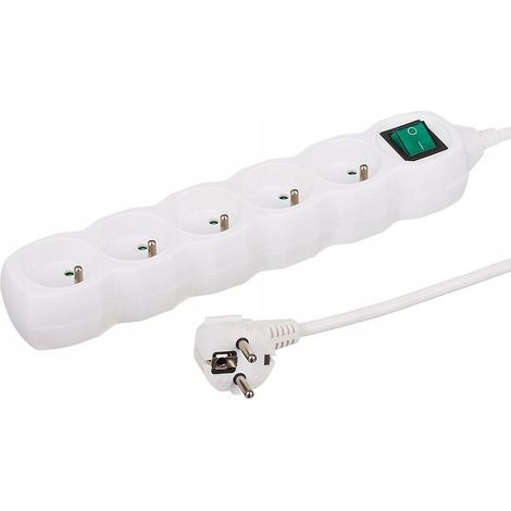 Regleta eléctrica blanca con interruptor, 5 enchufes, 3 m.