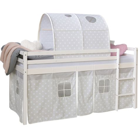 Letto a soppalco 90x200cm con scala in legno bianco tessuto grigio a stelle e tunnel LIT06184