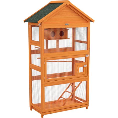 Cage à oiseaux sur pied 92 x 52 x 171 cm grand espace plateau coulissant style rustique extérieur en bois massif orange (1/5)