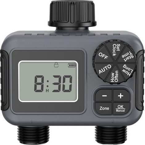 Temporizador de riego de doble zona, manual/automático, con controlador inteligente impermeable IPX5 de 3/4 de pulgada para exteriores. (1/5)