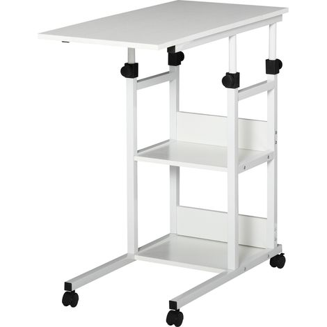 Mesa auxiliar con ruedas 80x40 cm, altura ajustable 72-82 cm, 3 niveles, forma de C, marco metal blanco