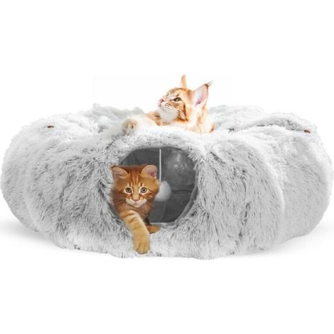 Tunnel pour chat rond avec coussin – 90 cm de long – Matériau doux et pelucheux – Pour chats et petits animaux jusqu'à 10 kg