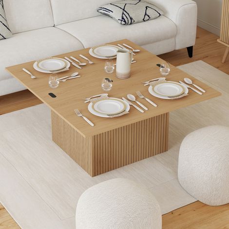 Mesa de centro rectangular con tablero elevable, convertible en mesa de comedor JULIETTE, 100 cm, efecto listones de madera