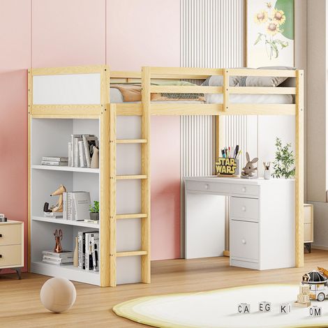 Lit mezzanine 90 x 200 cm avec rangements et bureau intégré, lit mezzanine multifonctionnel pour enfants en bois couleur bois