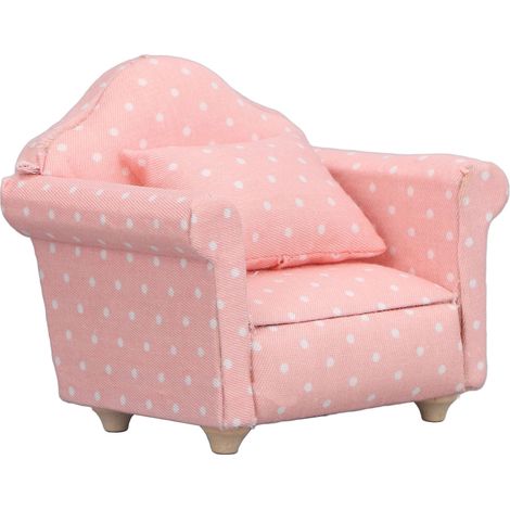 Canapé miniature 1:12 pour maison de poupée, fauteuil rose à pois blancs, mobilier de décoration réaliste pour poupées. (1/5)