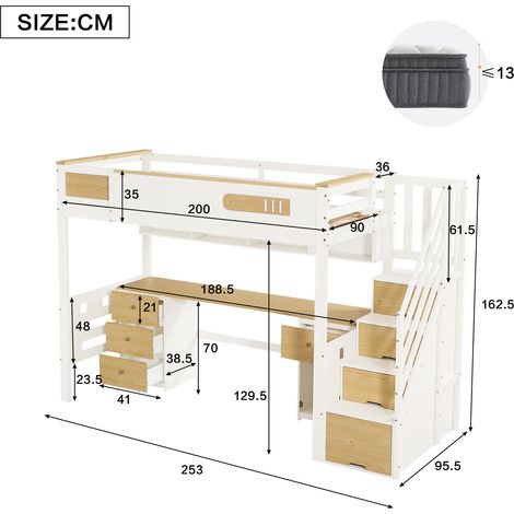 Lit mezzanine 90x200 cm blanc bois naturel, lit en bois avec bureau, tiroirs, escalier de rangement et étagère suspendue, lit fonctionnel gain de place pour chambre d’enfant (1/5)