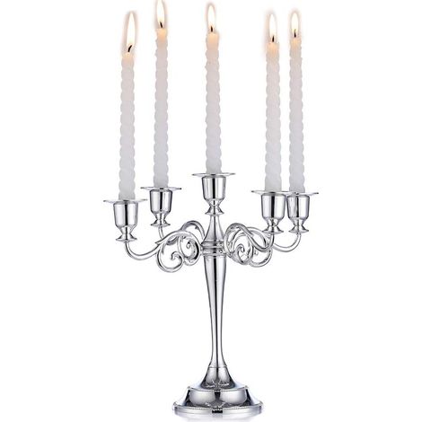 Candélabres argentés à 5 bras, hauteur 27 cm, pour bougies coniques, pour mariages, anniversaires, centres de table et décorations de Noël (1/4)