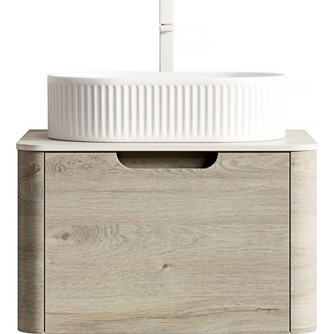 CHICFURN Mobile lavabo sospeso 60 cm in ceramica bianca e pietra sinterizzata beige, preassemblato (1/5)
