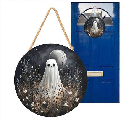 Panneau d'Halloween pour porte d'entrée, décoration citrouille en bois 2D pour jardin (B) (1/5)