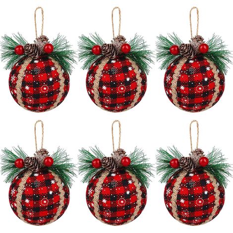 Boule De Décoration De Noël - Motif Tartan Noir Et Rouge - En Tissu Et Jute Avec Pommes De Pin Et Branchages - Lot De 9 (1/5)