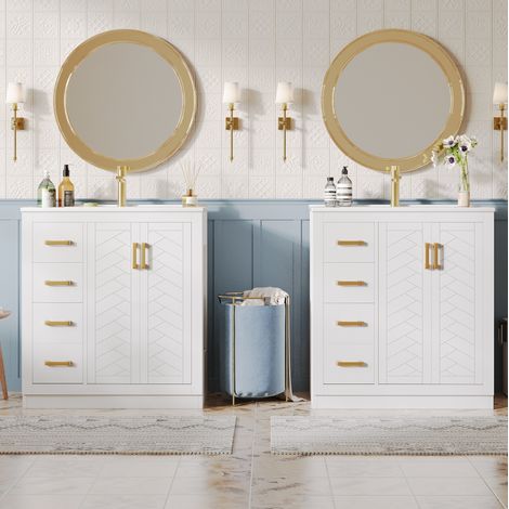 Mueble de baño con lavabo de cerámica y MDF blanco 76,5x46,5x84,5 cm, con 3 cajones, 2 puertas y estantes laterales (1/5)