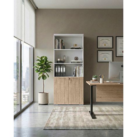 Armadio ufficio Alaska - Mobile archivio 2 ante con serratura - 4 mensole incluse - L. 90 x H. 199 x P. 42,5 cm – Bianco, virginia (1/3)