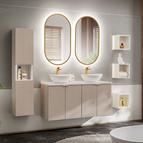 Badmöbel Set 7-teilig in Beige und weiß mit 120 cm Doppelwaschtisch VERACRUZ-56 (1/5)
