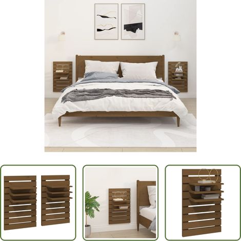 Étagères de chevet - Étagères de chevet murales 2 pcs Marron miel Bois de pin massif (1/5)