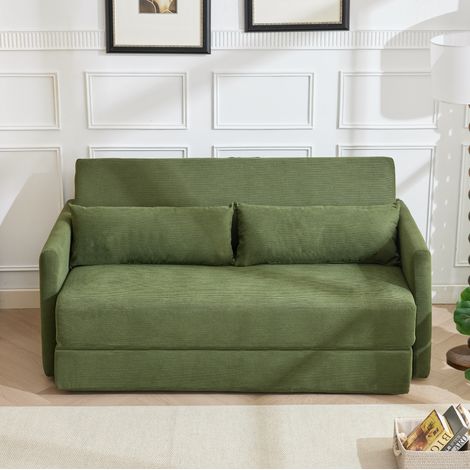 Faltbares 2-Sitzer-Schlafsofa aus grünem Rippenstoff mit 2 Kissen und Taschen HAVRYA (1/5)