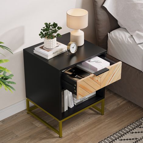 Table de chevet moderne 43 x 40 x 55 cm, 1 tiroir et 1 niche ouverte, meuble d’appoint MDF noir et naturel (1/5)
