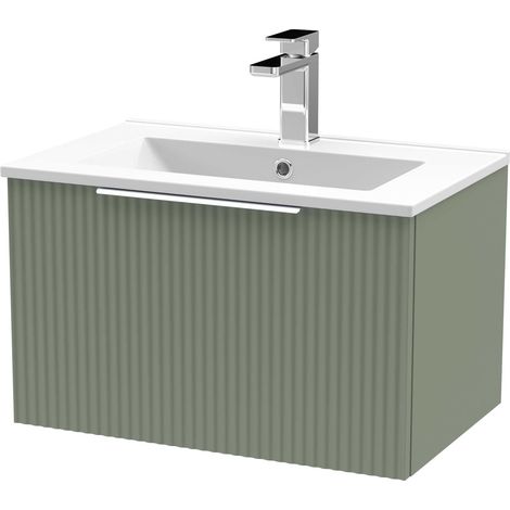 Hudson Reed Fluted Wall Hung 1-Drawer Vanity Unit with Basin 2 600mm Wide - Satin Green
