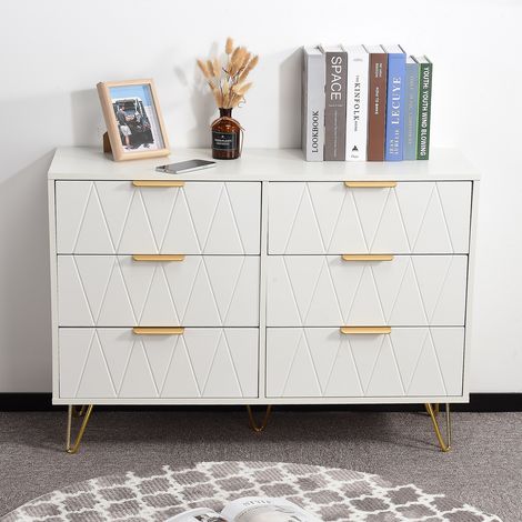 Kommode 100cm, mit 6 Schubladen, Diamantlinien, goldenen Metallgriffen und füßen, Holzschrank für das Wohnzimmer - Weiß