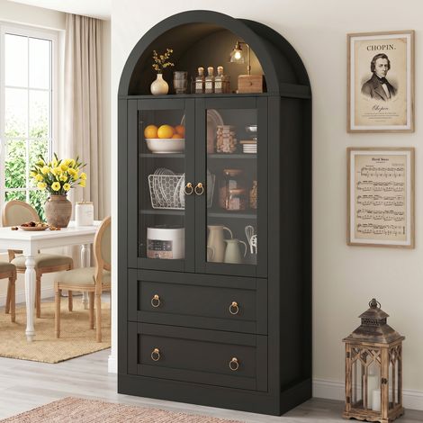 Meuble de rangement haut avec portes vitrées et tiroirs (80x36x170cm), armoire étroite noire pour cuisine et salon, placard de stockage avec étagères (1/5)