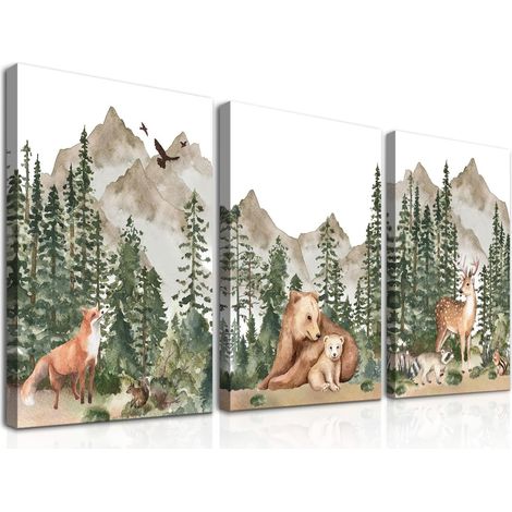 Encadré Lot de 3 Affiches d'art Mural sur Les Animaux, Impression de Cerfs, d'Ours et de Renards, Poster Aquarelle Animaux de la Forêt pour Décoration de Pièce 30x40 cm (1/5)