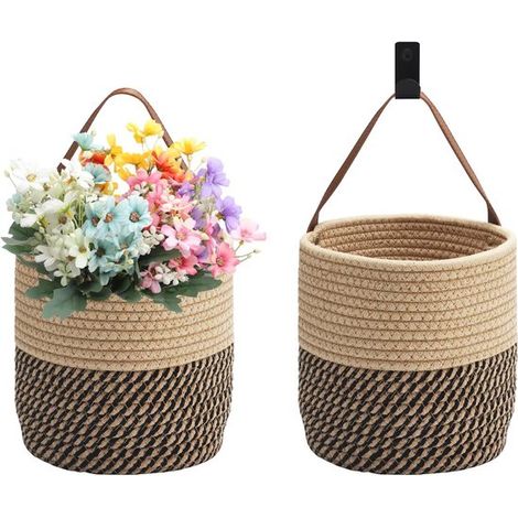 Set di 2 cestini da parete con manico, cestini portaoggetti intrecciati per piante e decorazioni, ideali per organizzare il bagno e la stanza.