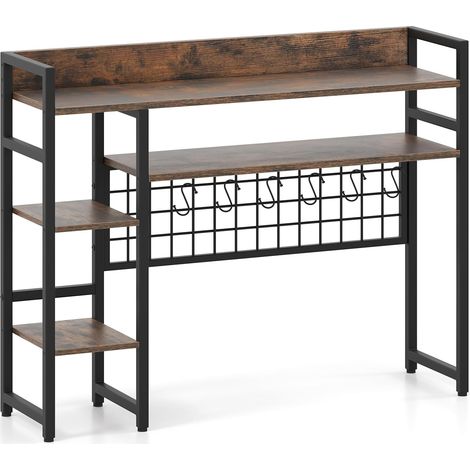 GOPLUS Étagère Bureau pour Ordinateur, 94 x 25 x 73,5 CM, Étagère avec Tablette de Table, Organisateur de Bureau, Panneau en Treillis Métallique avec 6 Crochet, 4 Étagère Ouverte, pour Chambre (Café) (1/5)