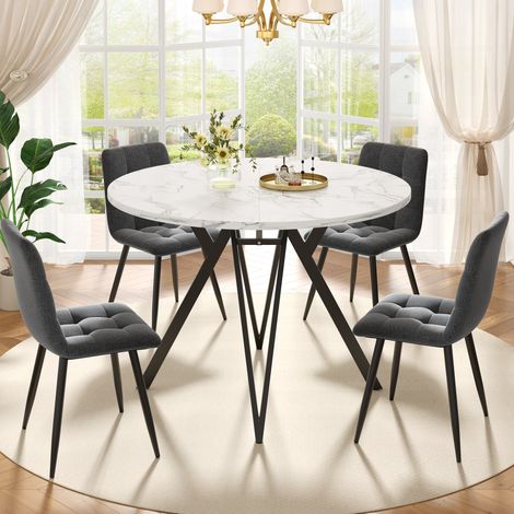 Ensemble de salle à manger 5 pièces MDF effet marbre noir et gris, table ronde Ø100x76 cm avec 4 chaises en lin (1/5)