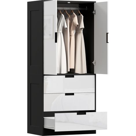 Modern 2 Door Wardrobe with 3 Drawers and Hanging Rod for Bedroom Storage in Glossy White Finish