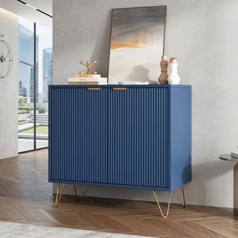 Buffet Bas 80 cm Bleu - Meuble de Rangement 2 Portes Texturées et Pieds Épingles Dorés - Style Art Déco et Moderne (1/5)