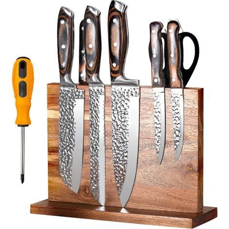 Porte Couteaux Aimanté, Porte Couteaux Cuisine, Bloc Couteaux Magnétique Bois d'Acacia, Aimanté Double Face Porte, Range Couteau de Cuisine avec Aimant Puissant, Antidérapant et Encombrant