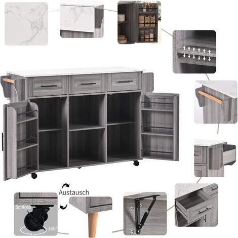 Desserte de cuisine multifonctionnelle en bois massif gris et plateau effet marbre blanc 139x46(71)x91,5 cm (1/5)