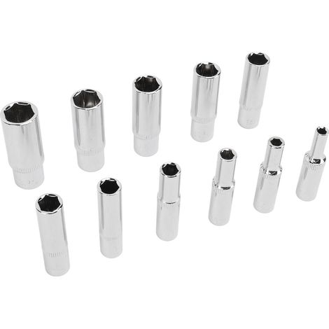 Jeu de 11 douilles longues hexagonales 1/4 pouce en acier au chrome-vanadium, 6 pans, 4-14 mm (1/5)