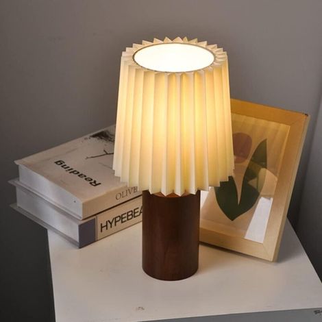 Lampada da tavolo plissettata, lampada da comodino moderna con base in legno, lampada da lettura per camera da letto, soggiorno, dormitorio (1/4)