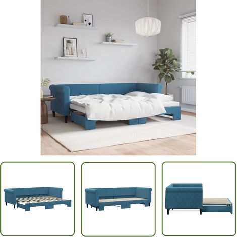 The Living Store Lit de jour avec gigogne sans matelas bleu 80x200 cm - Canapé Convertible - Lit Deux Places - Lit Tiroir - Meuble Multifonction - Literie (1/5)
