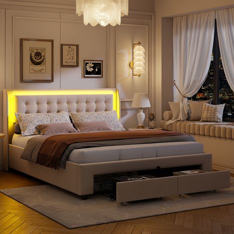 Lit coffre 180x200 cm, avec 2 tiroirs, sommier à lattes, Tête lit capitonnée velours, Bande lumineuse LED réglable, lit double hydraulique - beige (1/5)