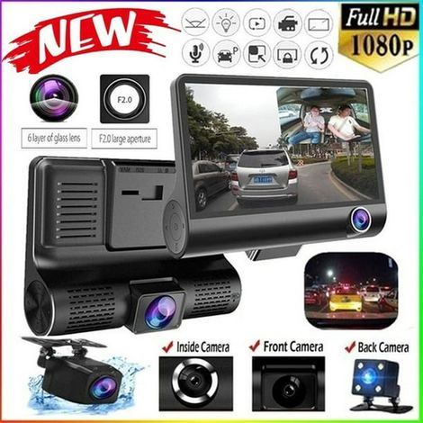 Caméra de voiture 1080P, DVR 3 objectifs avec écran LCD 4'', caméra de recul, capteur G, enregistrement en boucle, mode nuit, rétroviseur intégré (1/5)